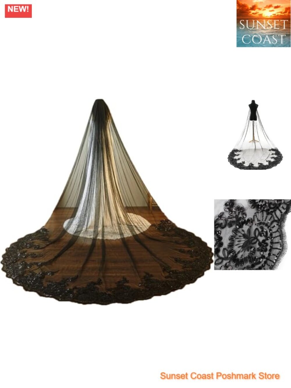 Black Lace Cathedral Wedding Veil Floral Embroidery Sequins Gothic Bridal